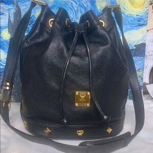 MCM Black and Gold Leather Shoulder Bag